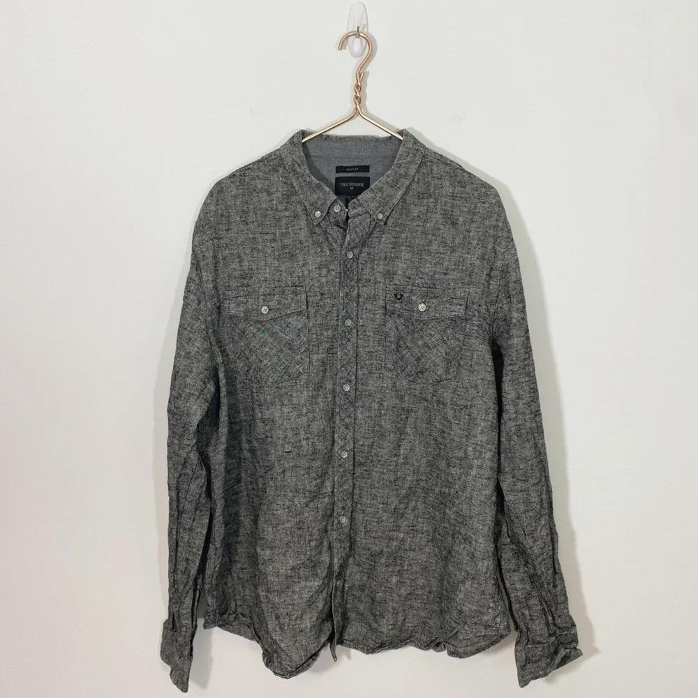 True Religion Mens‎ 3XL Gray 100% Linen Button Down Shirt Top
